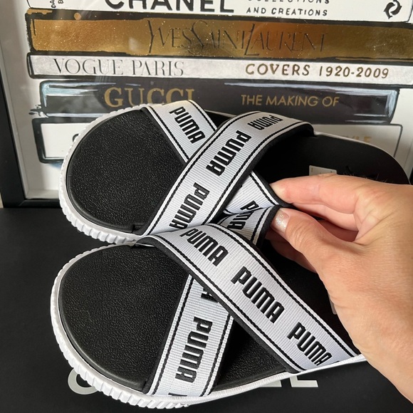 PUMA Logo Criss-Cross Black White  Tape Platform Slide Sandals New - Picture 5 of 14